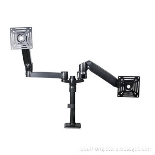 Dual desktop TV mount, routes cables under arms